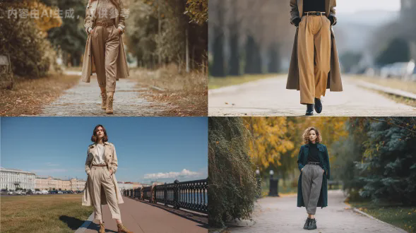 呈现一位25至30岁时尚的美国女性，身着具有复古风格且兼具轻松精致氛围的高腰裤，适配秋季，主要服装为高腰裤，外套是经典风衣， footwear是系带短靴，配饰是纹理腰带，造型亮点为 subtle highlights。她以优雅行走的姿势呈现，在公园小径上于专业编辑灯光下拍摄。图像具备精致的色彩对比以营造优雅视觉趣味，不指定色调。模特始终自然站立或移动，不坐或蹲。用佳能eos r5搭配50毫米f/1.2镜头以超逼真16k细节捕捉