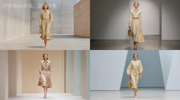 一位35岁的高加索裔美国模特身着一件米色、呈垂坠感的蝙蝠袖中长连衣裙，该裙装采用腰带收腰且为紧身设计。面料厚度适中。她脚穿尖头鞋，手提一个手袋，自然 upright（笔直）地站立在简约的跑道背景前