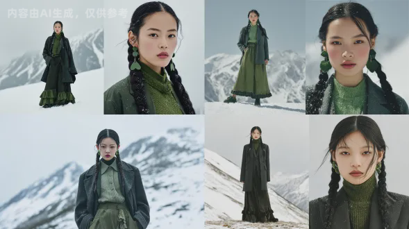 一张高端时尚摄影图像，展现一位东亚女性模特，上半身到全身可见，站在白雪覆盖的山景前。模特妆容简约，身着绿色针织上衣搭配西装外套，外搭黑色大衣。她穿着一条长灯芯绒裙，裙摆有绿色褶边。她的头发编成两条长辫子，佩戴绿色叶形耳环。她的衣物上有薄薄的积雪，脸部因寒冷略显红润。图像是宽幅全身照，具有现代、写实的时尚编辑美学风格