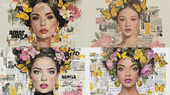 一位美丽的白人女性，留着欧洲式发型，饰有黄色蝴蝶和粉色花朵，以数字艺术风格描绘。突出细节化的面部特征，且包含文字“amor amiga, como se ama”。她佩戴金色耳环，背景是报纸剪报、杂志剪贴、油画、排版与书法的混合媒体拼贴，主体周围有充足空白空间，图像分辨率高。