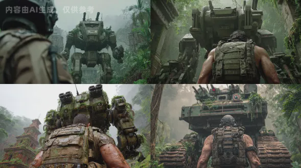 极端特写雇佣兵出汗的背部，厚重的战术背心充满前景，巨大的380米高的双足人形战斗机甲立即在头顶高耸如建筑物般巨大，设计融合了伐木机械和重型火炮，四联装自动加农炮阵列和落叶剂喷雾器，哑光橄榄绿装甲覆盖着沼泽泥和藤蔓，古老的寺庙废墟勉强达到机甲的小腿高度，极端虫眼视角，逼真的严酷写实风格，潮湿的热带薄雾光照，茂密的雨林，red摄像机