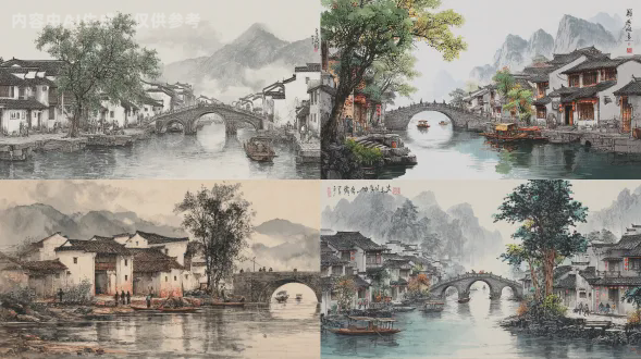 中国水墨画，传统中式建筑，江南水乡的河畔风光，河上有小船，附近有人劳作。两排房屋一端有一棵老树，它们前方有一座桥，桥上有车辆通行。背景是山峦与云朵，具有精致细节与笔触，高清分辨率，色彩鲜艳，自然光，宁静舒适，风格为传统中式艺术。