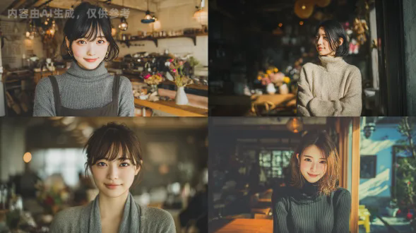 美丽日本年轻女子，柔和微笑，站立在温馨咖啡馆，自然光线，淡雅色调，时尚休闲装，柔嫩肌肤，清澈眼眸，电影感灯光，动漫风格或半写实插画，浅景深，35mm镜头，午后阳光，温暖氛围，细腻纹理，柔和阴影，优雅姿态，舒适环境，情感温暖