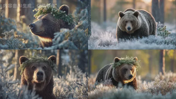 gentle brown bear wearing a tiny evergreen wreath, standing in a frosted pine clearing, soft golden morning light filtering through icy branches, 85mm f/1.8 portrait lens