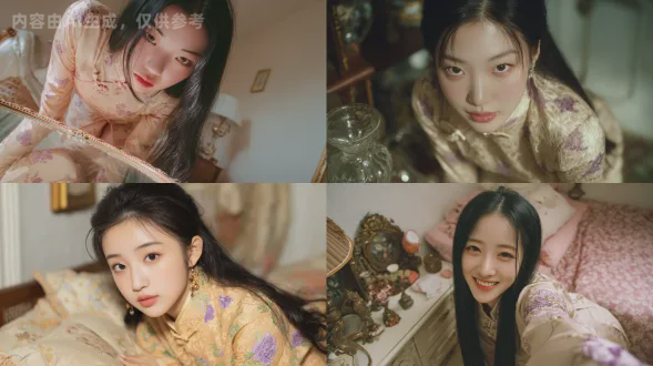 一位瓜子脸尖下巴、冷白皮、柔顺长发的年轻东亚女性，极致三围比，皮肤白皙，底妆通透，肤色均匀自然，发丝清晰可见，身穿米白色的改良长款旗袍套装，采用修身剪裁，面料带有粉紫色花卉蕾丝花纹，领口为经典立领并搭配中式盘扣，在卧室俯身去摸桌上的镜头，日常快照风格，仰拍视角，写意、浸润、流变风格，合理饱满的色彩，光影明暗对比，自然、浪漫氛围，精致、复古修饰