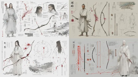 充满诗意与死亡美学的设计草图。花荣被重塑为连接阴阳的引路人形象。设计图包括他的长弓（弓臂由彼岸花枝缠绕而成）、箭矢（箭镞如晶莹泪滴）的详细构造图。他身着素雅白衣，却有半透明质感，仿佛幽灵。背景草图是朦胧的山水与孤鸿。风格是极致淡雅的水墨与清冷的光效结合，cg渲染，细节惊人，氛围孤寂而神圣，充满悲剧美感。