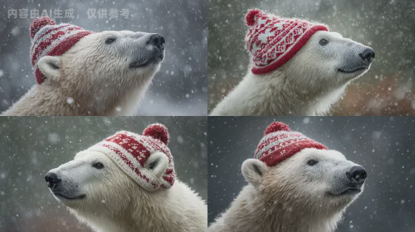 polar bear under falling snow, head slightly tilted, wearing a festive red-and-white knitted hat, natural light, 135mm f/1.8