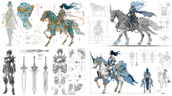 女性骑士人设超详细设计草图，白底技术图纸。设计重点在于其人马一体的战斗形态：扈三娘与她的青龙驹铠甲共享一套能量脉络。图纸包括铠甲的结构分解图、双刀合璧的变形机制、以及高速冲锋时的气流分析图。她本人英姿飒爽，面容冷艳，发丝如青焰。风格融合了国风工笔的精细与幻想cg的宏伟，动态感极强，兼具优雅与杀伤力。