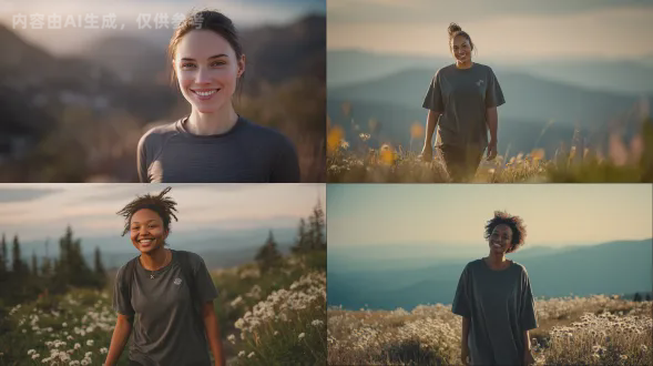 超写实风格，快乐女子穿着炭灰色吉尔丹64000t恤，超大尺寸，微笑，自然发型，春季山野背景，野花点缀，走向镜头，远山轮廓，黄昏光线，柔和暖色调，逆光效果，长焦镜头，景深浅，细腻皮肤质感，动态捕捉，轻松步伐，自然光晕，高分辨率。