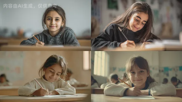 年轻阿拉伯女孩低头写字，柔和微笑，棕色直发，简约教室，浅色木桌，白色墙壁，自然日光，温暖明亮，背景模糊，高质量摄影，50mm镜头，中性色调，专注表情，铅笔细节，柔和光影，整洁装饰，教育氛围，写实风格