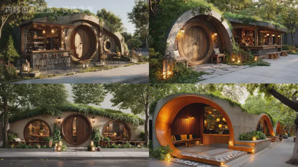 现代霍比特人风格咖啡店外观，圆形木质主门，暖砂岩纹理外墙，胡桃木装饰，户外咖啡吧台，现代格子灯光，石材小径，绿植环绕，led灯笼，木制长凳，莫兰迪坐垫，修剪整齐绿色屋顶，温暖氛围，arri alexa 35拍摄，蔡司cp3定焦镜头，浅景深，电影光晕，胶片颗粒，高动态范围，ins暖色调，上海街道，干净人行道，城市绿植，自然日光，阳光反射，高度逼真纹理。
