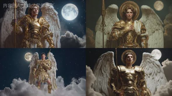 写实风格、肌肉发达的圣迈克尔战士天使，身着闪耀着金属光泽且有复杂雕刻的金色罗马百夫长盔甲，抛光的金色胸甲、护肩、臂甲反光，闭合的 pristine白色羽毛翅膀对称置于身后，直面观者，一手呈崇敬手势放于胸前，一手握金色长矛，专注表情显崇拜信任，周围有多层空灵云朵，夜空繁星点缀，满月洒银月光照亮盔甲，心脏处有神圣金光，构图紧凑，适合打造史诗级天使主题的高质感视觉作品。