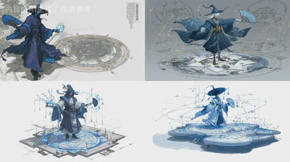 概念设计草图，白色背景，展现一位操纵空间与谋略的法师形象。设计图的核心是悬浮的八卦罗盘，周围漂浮着由发光线条构成的城池沙盘、兵阵推演图。吴用身着宽大的玄色道袍，袍内似有星辰流转，手持的羽扇每根羽毛都是一卷微型竹简。图纸布满复杂的几何注释和战略符文。风格为玄幻cg，结合水墨的氤氲感与全息投影的科技感，气质深邃而充满智慧压迫感。