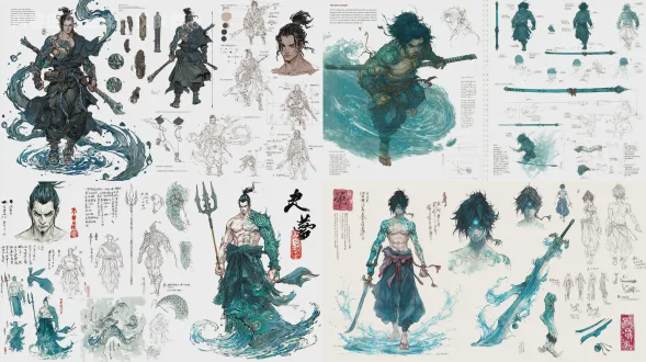 超详细角色设计草图，白色背景，展示专业设计流程，图纸包含详细的身体比例网格、肌肉结构分解图、装备三视图及英文技术注释。风格融合墨水渍染与水彩渐变，描绘张顺如幽冥水鬼般的形象。他半身浸于涟漪墨色中，躯体覆盖暗青色鳞片纹身，手持分水峨眉刺，眼神锐利如刀，周围散落着水流动态草图与武器分解图。暗黑江湖风格，cg渲染，超高细节，动态姿势，压迫感十足。