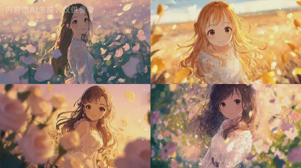 梦幻般的动漫风格肖像，柔和长发的女孩，穿着精致蕾丝裙，站在巨大花丛中，日落温暖光芒洒满画面，花瓣随风飘舞，微笑甜美，大眼睛闪烁，柔焦效果，梦幻色彩，浅景深，逆光照射，唯美浪漫，暖色调，高饱和度，细腻笔触，童话氛围，温柔情感。