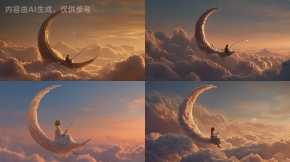 梦幻般一个宁静的超现实的场景，一个人坐在一个巨大的新月的尖端，在夕阳柔和的发光的云之上。这个人物拿着一根精致的鱼竿，鱼竿上挂着一颗发光的小星星。温暖的黄金时刻的光照亮了云戏剧性的深度，散射通过大气。新月有质感，冰冷而有雕塑感，优雅地弯曲着划过天空。柔和的柔和色调，梦幻般的氛围，体积云，电影般的灯光，极其细致，空灵的情绪，广角构图，平静而诗意，幻想现实主义的动漫风格肖像，柔和长发的女孩，穿着精致蕾丝裙，站在巨大花丛中，日落温暖光芒洒满画面，花瓣随风飘舞，微笑甜美，大眼睛闪烁，柔焦效果，梦幻色彩，浅景深，逆光照射，唯美浪漫，暖色调，高饱和度，细腻笔触，童话氛围，温柔情感。