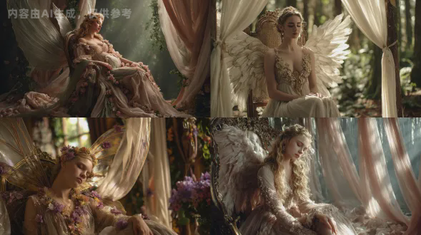 一位受幻想启发的模特，拥有飘逸的翅膀，穿着带有花卉装饰的柔美长裙，站在一个神奇的森林中，柔和的阳光透过树木洒下，营造出迷人且异世界的氛围/这是一张特写照片，拍摄的是一位皮肤白皙的女性，她坐在一把复古椅子上，眼睛轻轻闭上，周围是微风中飘动的柔软飘逸的窗帘。