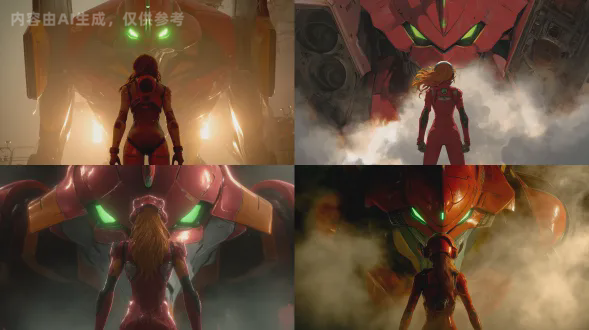 明日香站在eva-02前，后视图，闪亮红色太空服，飘动橙发，力量感姿态，雾气和蒸汽环绕，高耸红色机甲，发光绿眼，金属细节，戏剧性侧光，强烈透视，装甲高光反射，科幻氛围，动态构图，8k分辨率，超现实，电影级细节，史诗感，体积光效