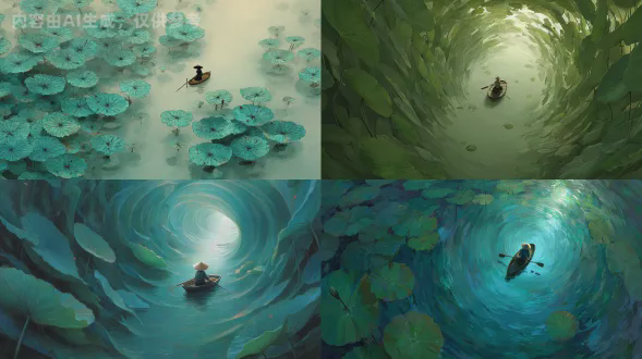 非写实风格，梦幻主义，在一片宁静的水面上，一位个戴着斗笠的男孩，划着小船穿过由翠绿荷叶构成的旋转隧道。荷叶的纹理清晰，随着水流轻轻摇曳，形成一种梦幻般的视觉效果。整个场景被柔和而朦胧的光线所笼罩，营造出一种神秘而宁静的氛围。从下往上的视角，使得荷叶隧道更加引人注目，荷叶隧道形成旋涡视觉，引导观者的视线向中心的小船聚焦