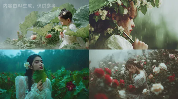 实景拍摄风格，极繁主义，极致表现力，浪漫感，细节完美，大师杰作。 创作一幅清新治愈的插画，全图翠绿色调，画面呈现雨中的清新自然场景，有大片翠绿植物、白色红色花朵，一只小人国的小人身穿白色连衣裙，头带发卡，手拿芋头叶子挡雨，嘴里侧面叼着一根草叶子。背景是朦胧雨雾与淡蓝天空，营造静谧、诗意的节气氛围，宫崎骏艺术风格