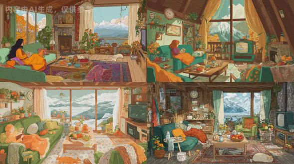 治愈系插画风格，木质小屋室内全景，有高大的落地窗帘。温暖舒适的起居室。包括秋天 元素细节： - 人物：一位长头发小女孩穿着彩色长袖连衣裙盖着毛毯躺在在沙发上手捧着书，旁边有一只橘猫蜷缩陪伴。 - 家具：绿色的沙发上铺了白色的毛绒垫子、木质茶几、扶手椅 - 装饰：挂满绿植的墙面、挂钟、彩色花纹地毯 - 物品：茶几上摆放着水果盘（石榴，苹果，香蕉）、咖啡杯；炉火正旺的柴炉上炖着大锅汤；老式电视机播放卡通节目 - 宠物：一只小狗趴在地板上 - 窗外：秋天雨天远山景观，有花有柿子树。晾衣绳上挂着几件彩色的毯子和衣服。 - 整体氛围：温馨惬意的治愈系田园生活，暖色调光影，细节丰富充满生活气息 风格与技术： 治愈手绘风格插画，电影感构图，景深突出主体，高画质细节
