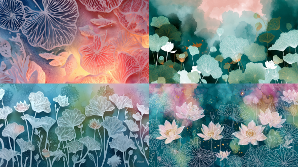 水彩填充的剪纸剪影，荷叶和花朵的复杂白色剪纸轮廓，形状内的水彩流血纹理，池塘中游泳的锦鲤，中空波浪图案，漂浮的萤火虫灯，柔和的粉紫色和柔和的绿色，梦幻般的夏夜，空灵的，柔和的焦点