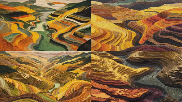 最大限度的剪纸，龙基梯田的鸟瞰图，旋转的分层纸图案，模仿梯田的锯齿状边缘，水的反射，像指纹一样的超精细线条，金色的秋天调色板（黄色、棕色、橙色），扫过的构图，工艺的杰作