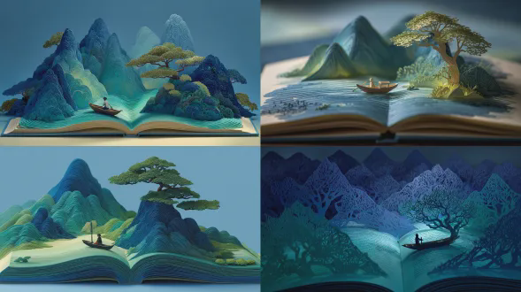弹出式书籍风格插图，由纸制成的3d站立山的开卷，中国山水，松树下船上的小隐士，半透明蓝色玻璃纸制成的水，渐变的青色和绿色，复杂的剪纸，宏观摄影视角，倾斜变换，诗意而宁静