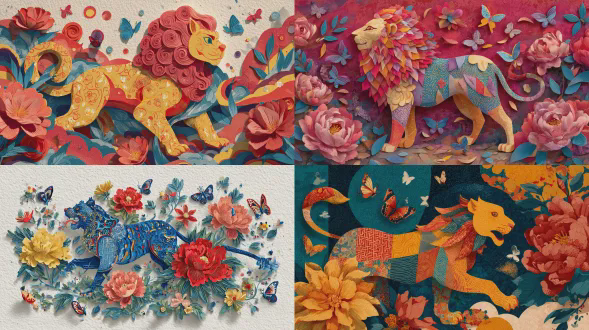 中国剪纸插图，拼贴艺术风格，可爱的舞狮，由图案纸碎片制成的身体，周围飞舞的蝴蝶和盛开的牡丹，宣纸质感的背景，深度的阴影，鲜艳的红色、黄色和青色，喜庆、异想天开，图画书美学