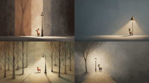 一只小鹿站在空寂小路zy的孤灯下，乔恩·克拉森风格儿童插画，形状简洁，柔和的茶褐色与灰色，细腻的阴影呈现平静的孤独感。