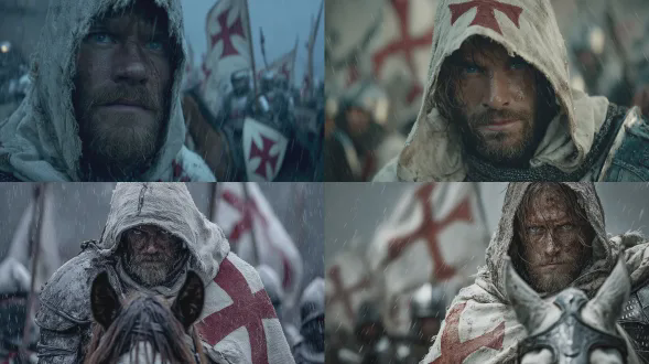 相同的男性角色：强烈的冰蓝色眼睛，湿润的深色胡须，湿透的粗麻布兜帽。托马斯贝拉尔骑着一匹强大的战马，处于中世纪战斗的中心，超写实16k全身电影镜头呈现。他带有鲜艳红色圣殿骑士十字架的白色披风在风中戏剧性地飘扬。装甲的圣殿骑士骑士在他身后冲锋，旗帜挥舞。灰尘、雨水和风暴云营造出混乱但pg - 13级别的氛围。战马的盔甲闪闪发光，动作动态，充满史诗英雄能量。