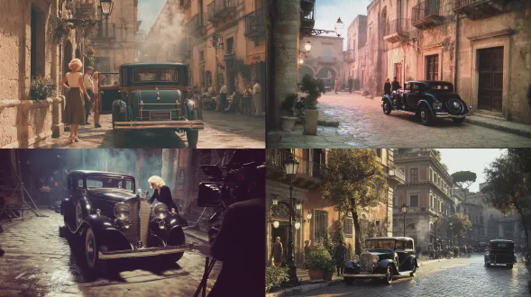 一段电影宽镜头场景描述。1931年的黑色凯迪拉克停在复古街灯下，一位留着冷烫发型的金发女子正上车，背景是20世纪30年代的意大利，呈现电影宽镜头效果，具有逼真写实、复古电影风格，有色彩、戏剧性打光、烟雾以及湿鹅卵石上的反射，带有复古电影颗粒感，是超逼真的4k高清图像。