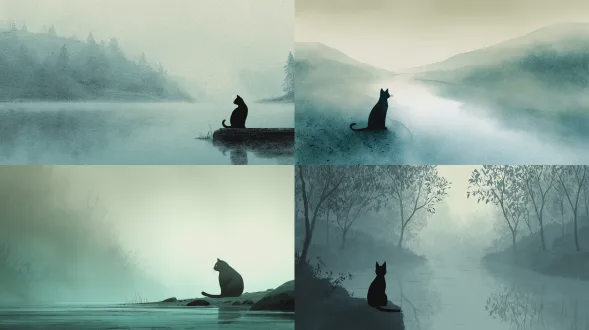 一只猫静坐在雾气弥漫的河边，乔恩·克拉森风格，构图简洁，柔和低饱和的蓝绿调，氛围神秘宁静。