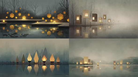 静谧池塘边的小灯笼，极简几何形状，柔和金灰色调，安宁夜晚，乔恩·克拉森风格，低饱和度，平静水面倒影，点光源，微光漫射，冷色调背景，安静氛围，扁平化插画，对称构图，哑光质感，孤独感，温暖光晕，简约线条，朦胧雾气，诗意场景