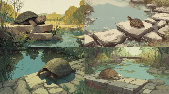 乌龟在石板上休憩，宁静池塘背景，乔恩·克拉森插画风格，干净线条，低饱和土色系，柔和阴影，石板纹理细腻，乌龟壳细节清晰，水面微光，环境安静，广角镜头，自然光，侧逆光，温暖色调，悠闲，安详，童趣