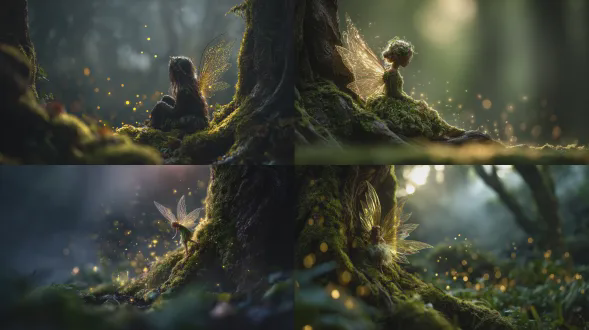 一幅神秘奇幻的森林仙女肖像画，森林仙女优雅地从一棵古老的树中显现出来，精致的发光翅膀展开，柔和的光粒在长满苔藓的树林中飘动，氛围宁静却充满魔力，清晨的薄雾营造出空灵的深度，用尼康z9相机、85mm f/1.4镜头拍摄，色彩为郁郁葱葱的绿色和金色发光色调。
