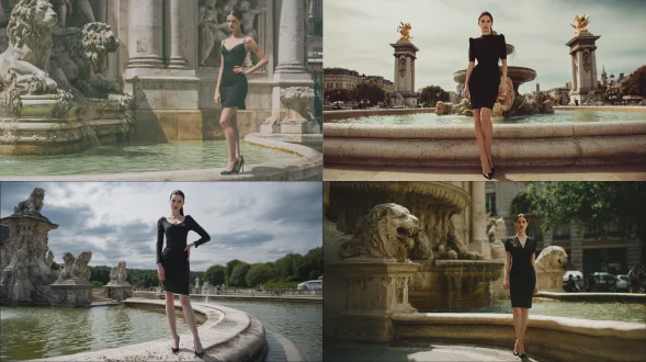 超写实的高级时尚编辑全身肖像，一位成年女性模特立于带有雕刻狮子面具的欧洲纪念性喷泉的石沿，背景有大型雕像；深色头发向后梳成整洁低马尾；身着黑色短款优雅连衣裙，脚踩高跟细跟鞋，露出美腿；姿势为一手叉腰，另一手自然垂于身侧，身体呈微妙s型曲线，头部端正，直视镜头；光线是明亮的阴天日光搭配正面相机闪光灯，营造强烈反光点且凸显皮肤纹理；呈现真实自然的皮肤，可见毛孔与细微皱纹，极少后期修饰；采用垂直全身构图，焦距35 - 50mm，f/4光圈，iso 100，快门速度1/200，织物与石头细节丰富。
