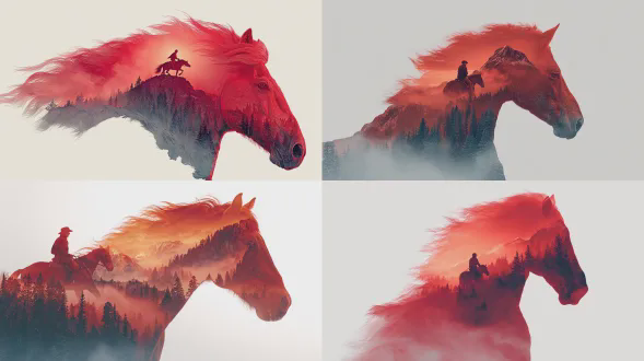 双重曝光艺术，一匹雄伟的红马首与梦幻般的山景无缝融合，日出时骑手骑在马形内的剪影，电影灯光，轻柔的薄雾，发光的天空，戏剧性的对比，精细的细节，空灵的氛围，喷绘，超写实，平滑融合，奇幻色调，白色背景隔离