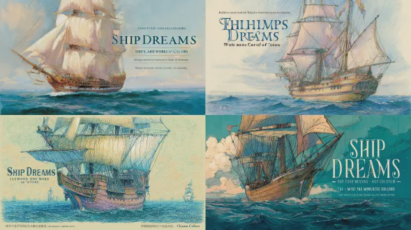 为绘画书《船舶梦想——在色彩世界中扬帆》绘制的彩色封面插图。一幅用彩色蜡笔绘制的、细节丰富的船只在平静的海面上，手工绘制。这艘船显得庄严又梦幻，有着流畅的帆、精细的装饰和柔和的动感。淡淡的波浪，广阔的地平线。清晰、干净的轮廓，高细节深度，和谐的构图，诗意的海洋氛围。