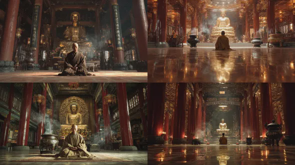 全身像，正面视角，年轻帅气中国和尚，金色佛像下，中国寺庙内冥想，超写实，8k，寺庙建筑细节，禅意氛围，柔和自然光，对称构图，红木柱，香炉轻烟，僧袍褶皱，宁静表情，莲花座，暖金色调，高动态范围，浅景深， canon eos r5，85mm定焦镜头，raw格式，佛教元素，神圣感