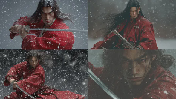 全身肖像，优雅的古风角色设计，一位长发红衣的英俊剑客，置身于雪地背景中，表情冷峻，手持宝剑，随时准备攻击。高清摄影，特写面部视角，风格融合zbrush、daz 3d、卡拉瓦乔和动漫美学。2000万像素，红色服装。