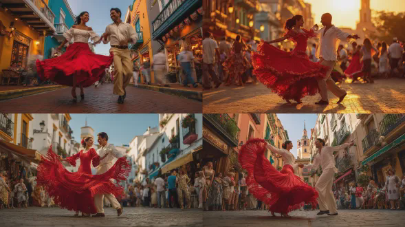 “情侣跳萨尔萨舞，充满活力的街道，传统服饰，女性穿红色流苏裙，男性穿白色衬衫，笑容灿烂，动态姿势，暖色调，广角镜头，黄金时刻光线，背景模糊，热闹的街头，西班牙风格建筑，高饱和度，欢快氛围，舞蹈动作捕捉，文化元素，细节丰富。”