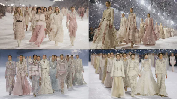 赛琳冬季高级定制时装秀于雪山举办，呈现蛋白石米色、白色与婴儿粉彩色的柔软羊绒格子连衣裙，饰有闪亮钻石雪花，尽显奢华时装秀风采，营造优雅富家女美学与童话梦幻氛围，采用柔和粉彩色调，展现雪地时尚场景，搭配闪烁雪花、高光泽丝滑质感，辅以水晶配饰、珍珠细节、精致蕾丝饰边，洋溢温暖冬日光芒，运用柔和电影灯光，秉持高级定制剪裁，凸显空灵女性氛围与优质工艺，模特行走于雪地跑道，构筑梦幻氛围，契合高级时尚编辑摄影风格，达8k超细节，呈现光滑皮肤质感与柔和散景背景，强化粉彩色与奢华 vibe，堪称杰作，模特佩戴华丽珠宝，尽显超级模特的迷人美丽脸庞，展现全身时装秀景象