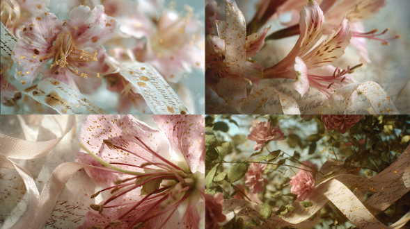 一个苗条的身影在柔和色调的花园中飘荡，长长的飘带，柔和风化的纸张纹理，淡粉色的花瓣，带金斑的边缘，还有清晨微光的梦幻朦胧。褪色的字迹如回忆般在她身后卷曲。一切都感觉轻盈、温柔且静谧迷人。柔和的光源，照片写实风格。