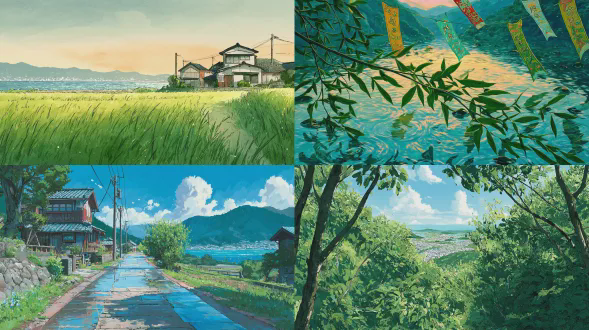 日本的5月乡村道路，新绿叶片闪闪发光，远处海面波光粼粼，鲤鱼旗在微风中飘扬，吉卜力风格，柔和光线，广阔视角，水彩质感，温暖色调，宁静祥和，远山轮廓，细节丰富，自然生机，50mm镜头，胶片颗粒感，清新空气感，低饱和度，微风拂动，乡间小路，阳光斑驳。