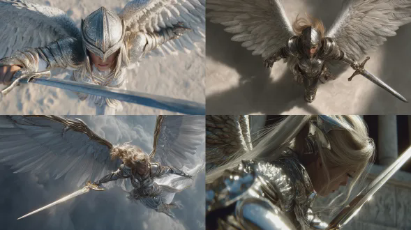 女性战士大天使，穿银白金边装甲，翅膀展开俯冲，圣剑向地面散发光线，长发随风飘动，脸部隐藏于头盔光影中，柔中带刚，史诗光影构图