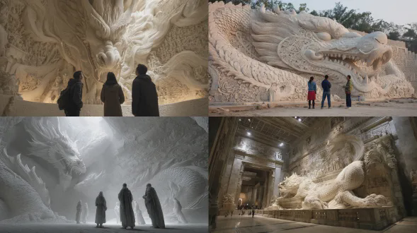 一尊巨大的白色大理石雕刻而成的龙，人们站在它前面并抬头仰望天空。墙壁上装饰着精致的雕刻，营造出一场史诗般的场景。它以艺术家丹尼尔阿尔轩的风格并运用其原始技法创作。这件艺术品因其高品质斩获众多奖项。高清摄影风格。