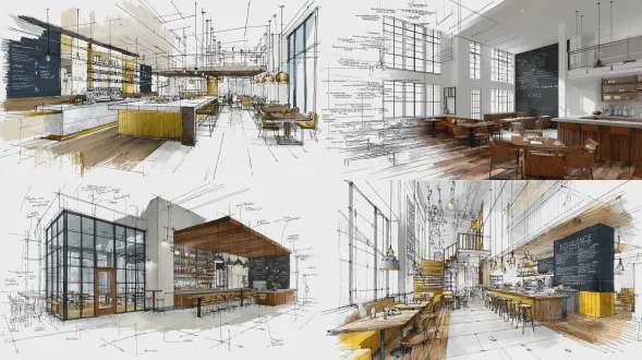 “住宅”咖啡店室内设计的设计草图，处于一个双层高的空间，包含用餐区与吧台，设有木质桌椅，墙上有一块黑板，有大型玻璃窗，有自然光，色彩调色板是温暖的木色调以及中性的金色和白色，进行精确细节绘图，风格为工业建筑，白色背景