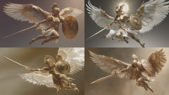 一位强大的天使战士,身穿闪亮的金色盔甲,全身闪耀着光芒,展翅飞翔,双翼羽毛丰富清晰且层次分明，光线透过边缘羽毛。战士手握一把锋利的长剑,另一只手持圆盾,。盔甲上有复杂的花纹和图案,增添了细节的华丽感。人物为奔跑向前冲刺姿态，完整展示，背景采用柔和的渐变色调,突显出角色的立体感和动态美。