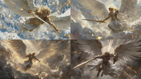 圣光战士大天使，展翼俯冲，圣剑指地，周身环绕耀眼金色光环与圣光碎片，云层被光穿透，神圣审判瞬间，史诗光影构图，高细节数字绘画